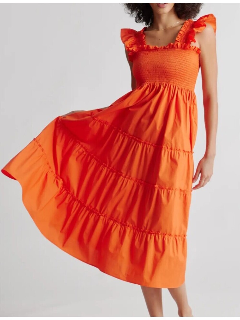 QUINCE orange tiered cotton midi dress sz S